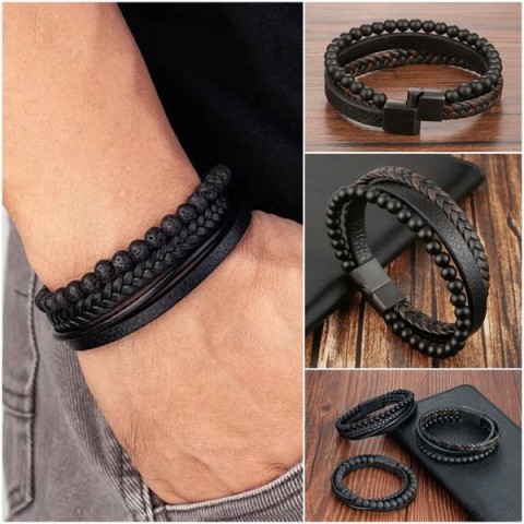 Natural Stone Obsidian Magnetic Buckle Leather Bracelet