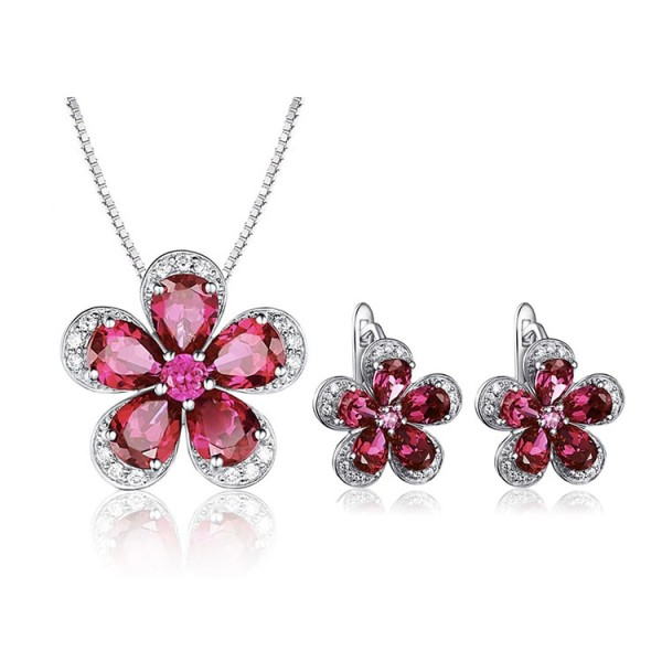 Red crystal flower set earrings and necklace are inlaid with rhinestones