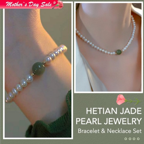 Hetian jade pearl jewelry set -Necklace&Bracelet
