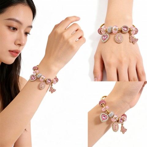 Pink Heart Butterfly Virgin Mary Bracelet
