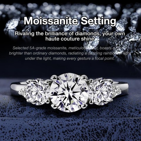 Three-Stone Double claws Moissanite Ring