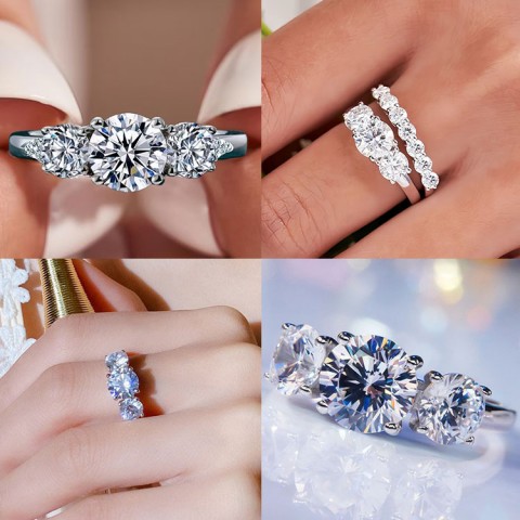 Three-Stone Double claws Moissanite Ring