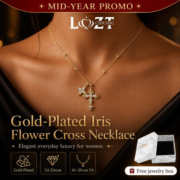 Gold-Plated Iris Flower Cross Necklace