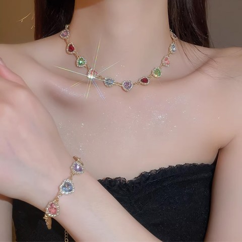 French-style diamond-encrusted colorful heart Set