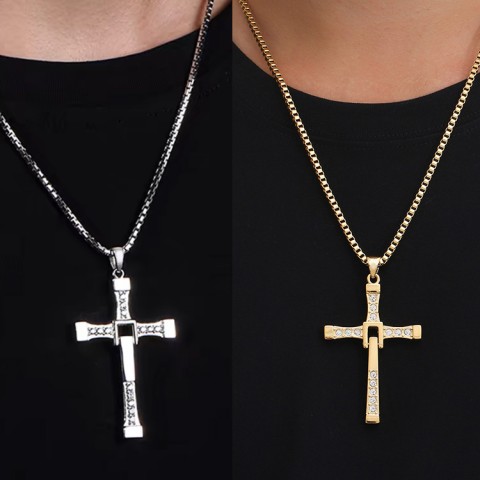 Titanium steel and zircon cross necklace
