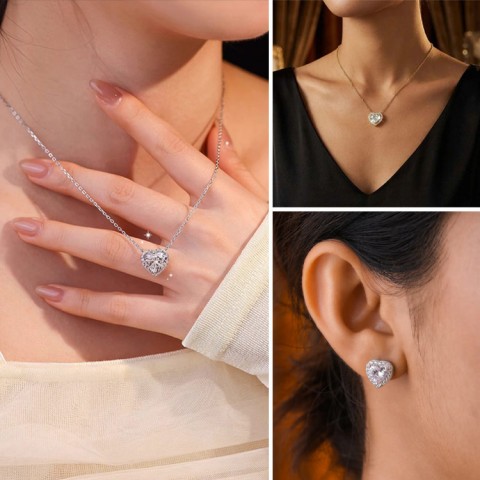 Moissanite Love Heart Earrings and Necklace Set