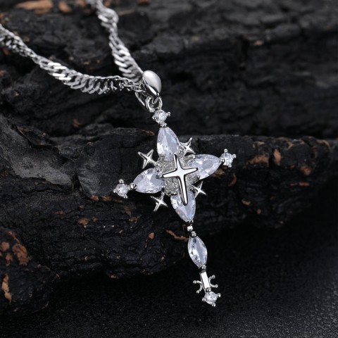 Gold Petal Cross Zirconia Inlay Necklace
