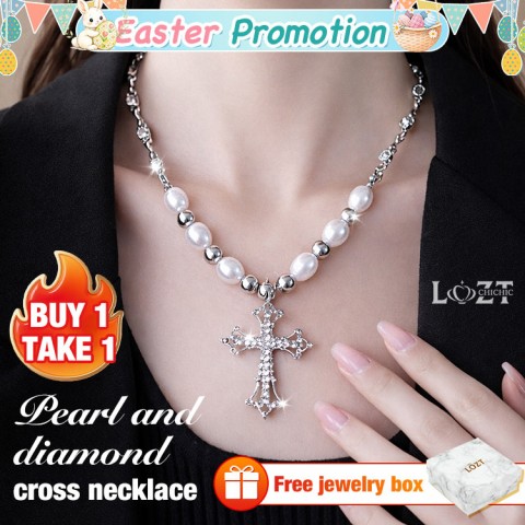 Pearl and diamond Cross Necklace