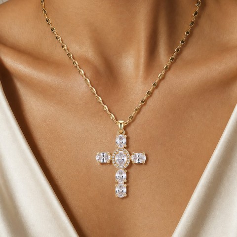 Heavenly Glow Cross White Zircon Necklace