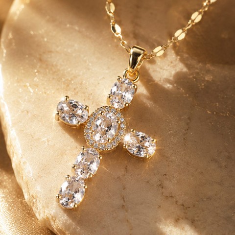 Heavenly Glow Cross White Zircon Necklace