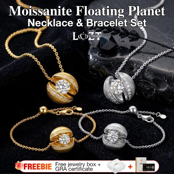 Moissanite Floating Planet Necklace & Bracelet Set