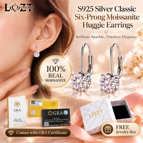 S925 Silver Classic Six-Prong Moissanite Huggie Earrings