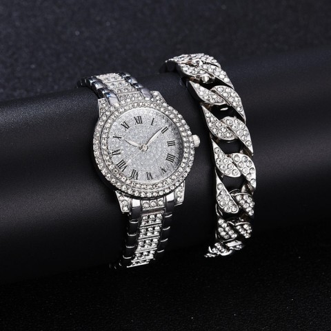 Buy bracelet get watch as freebie! Full diamond Roman literal steel band watch