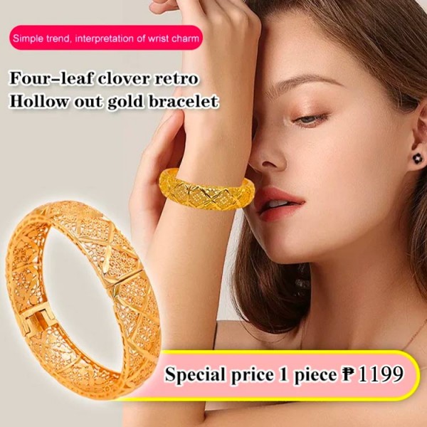 Four-leaf clover retro hollow out gold b..