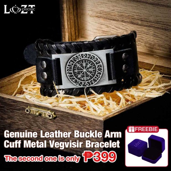 Genuine Leather Buckle Arm Cuff Metal Vegvisir Bracelet