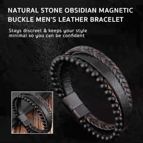 Natural Stone Obsidian Magnetic Buckle Leather Bracelet