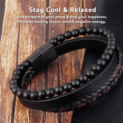 Natural Stone Obsidian Magnetic Buckle Leather Bracelet