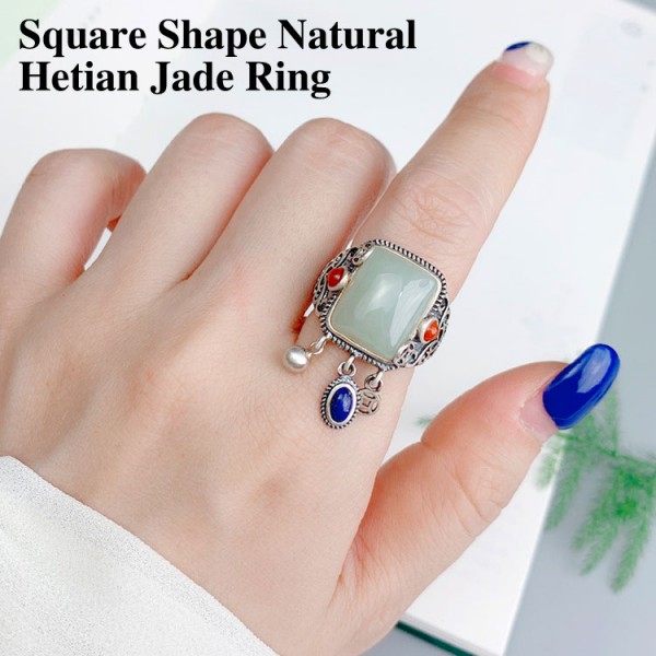 Square Shape Natural Hetian Jade Ring