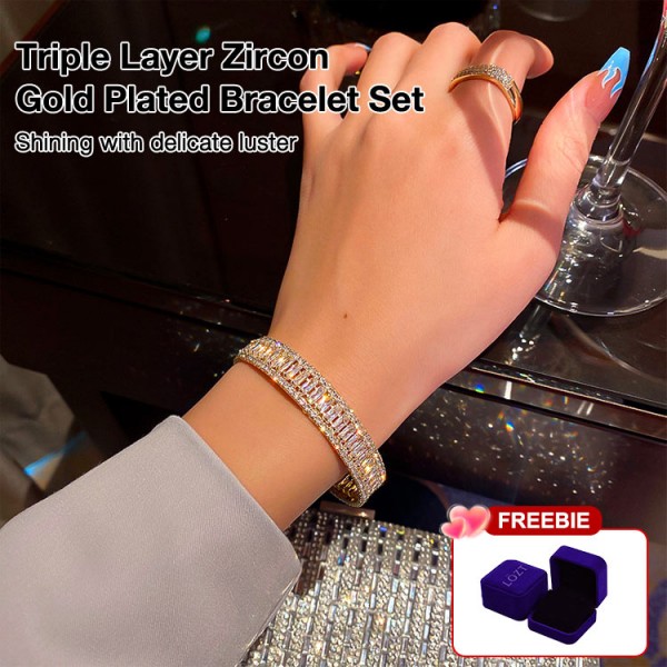 Triple Layer Zircon Gold Plated Bracelet Set