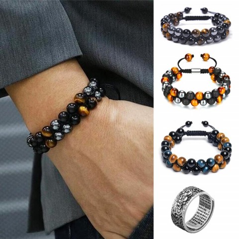 Triple Protection Bracelet-Genuine Tigers Eye Black Obsidian and Hematite