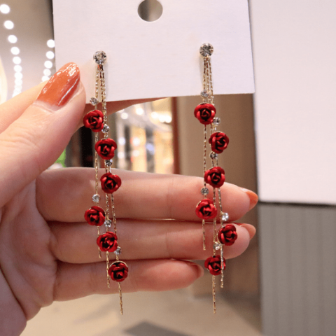 Korea new s925 silver needle delicate red roses tassel earrings