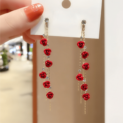 Korea new s925 silver needle delicate red roses tassel earrings