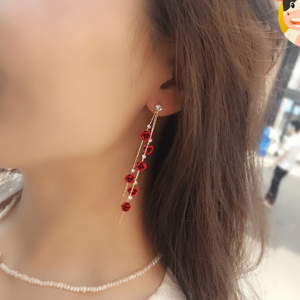 Korea new s925 silver needle delicate red roses tassel earrings