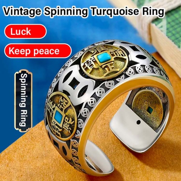 Rotatable turquoise Five Emperors coin ring