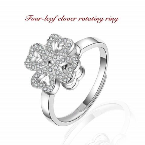 925 Sterling Silver "Heart to Heart" Four Leaf Clover Rotating Ring