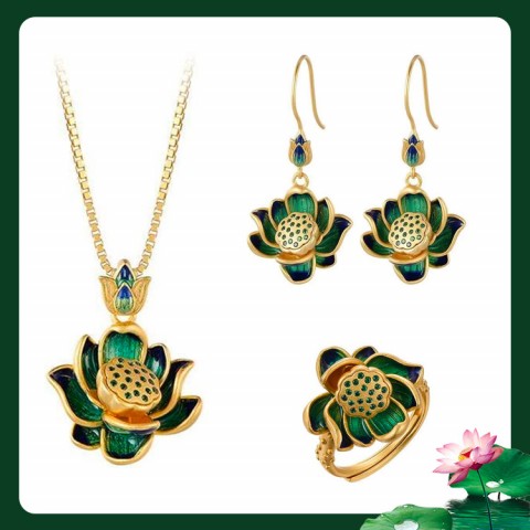 Enamel Elegant Lotus Jewelry Set