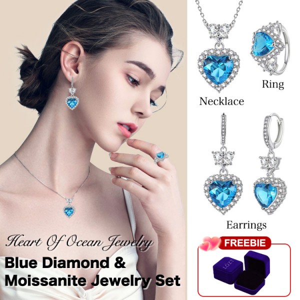 Blue Diamond & Moissanite Jewelry Set-Heart of Ocean Jewelry