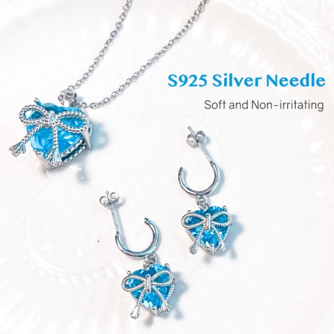 Luminous Aquamarine Heart Jewelry Light Luxury Three-piece Set