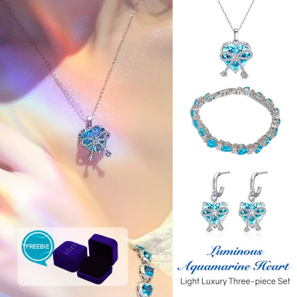 Luminous Aquamarine Heart Jewelry Light Luxury Three-piece Set