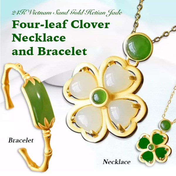 24K Vietnam Sand Gold Hetian Jade Four-leaf Clover Necklace and Bracelet