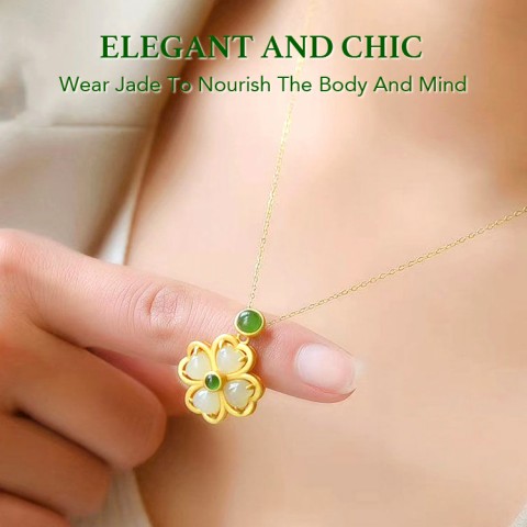 24K Vietnam Sand Gold Hetian Jade Four-leaf Clover Necklace and Bracelet