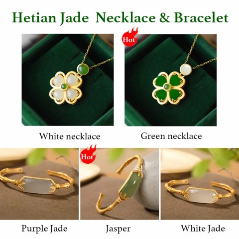 24K Vietnam Sand Gold Hetian Jade Four-leaf Clover Necklace and Bracelet