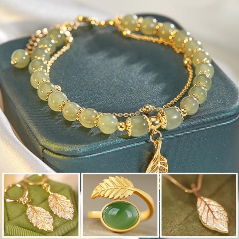 Gold branches and jade leaves series jewelry set