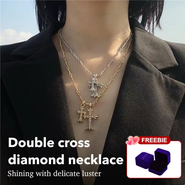 Double cross diamond necklace