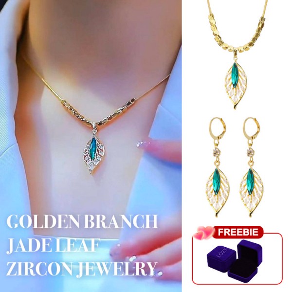 Golden branch jade leaf zircon jewelry