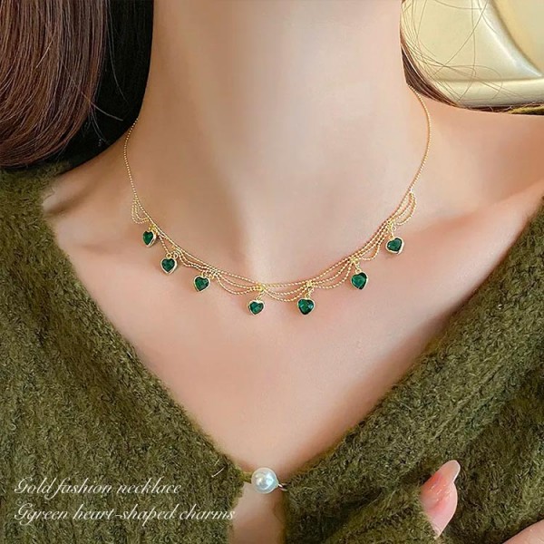 Green Heart Shaped Zircon Gold Fashion Necklace