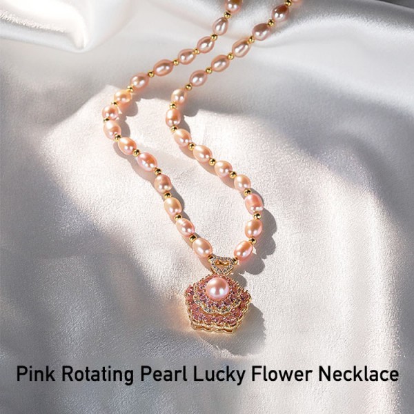 Pink Rotating Pearl Lucky Flower Necklac..
