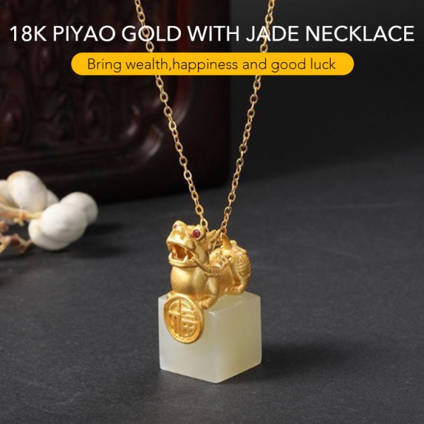 18K PiYao Gold and White Jade Necklace..