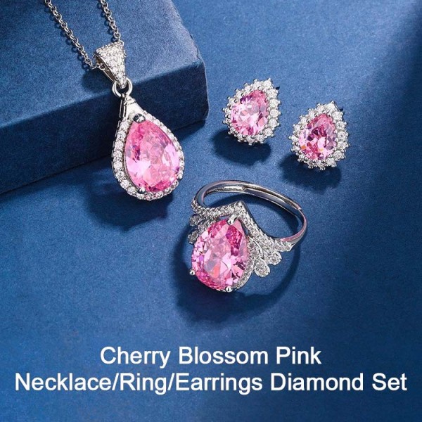 Water drop shaped pink zirconium jewelry three-piece set