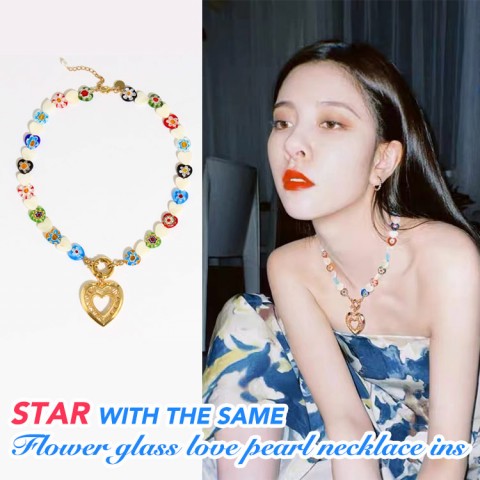 Korean star with the same flower glass love pearl necklace