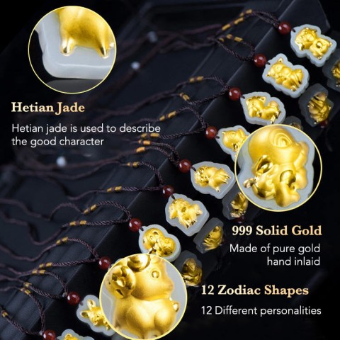 Gold Inlaid Jade Zodiac Lucky Necklace