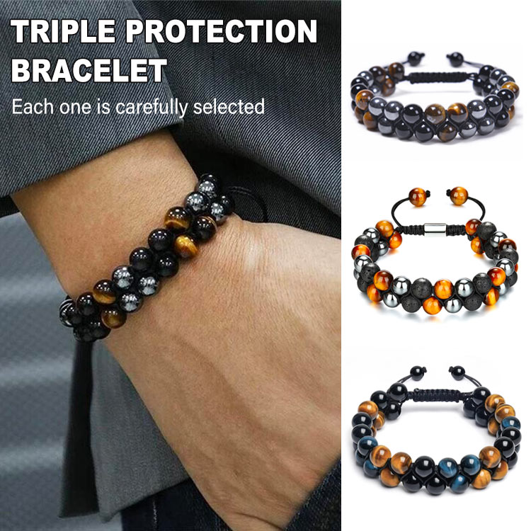 7.7 Great Sale - Buy 1 get 1 Ring- Triple Protection Bracelet-Natural Tigers Eye Black Agate And Hematite - Adjustable, with jewelry box, 1 year warranty