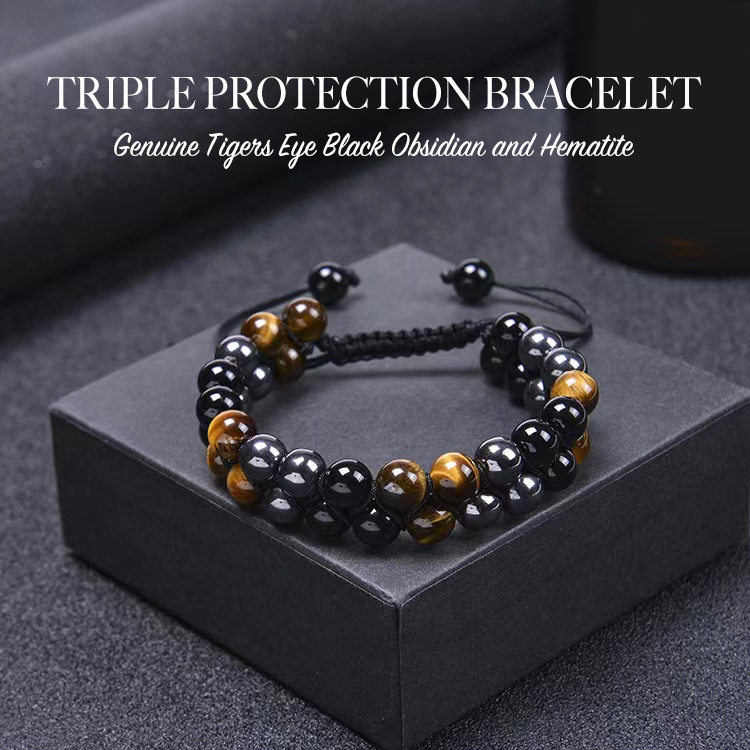 7.7 Great Sale - Buy 1 get 1 Ring- Triple Protection Bracelet-Natural Tigers Eye Black Agate And Hematite - Adjustable, with jewelry box, 1 year warranty
