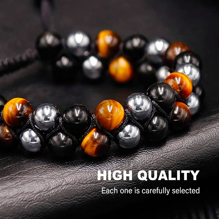 7.7 Great Sale - Buy 1 get 1 Ring- Triple Protection Bracelet-Natural Tigers Eye Black Agate And Hematite - Adjustable, with jewelry box, 1 year warranty