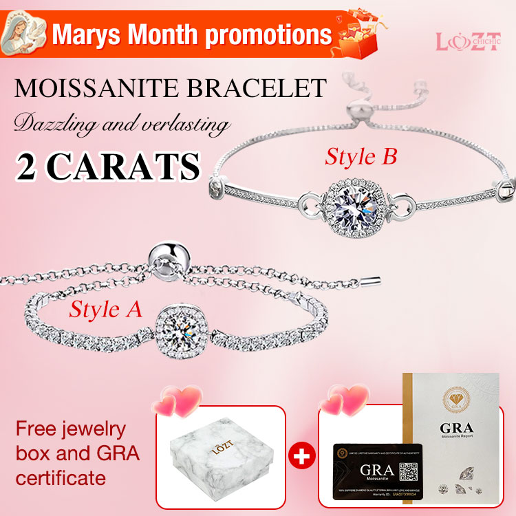 Marys Month promotions  - Moissanite Bracelet with free premium gift box and GRA certificate - Adjustable chain length, 2 styles available