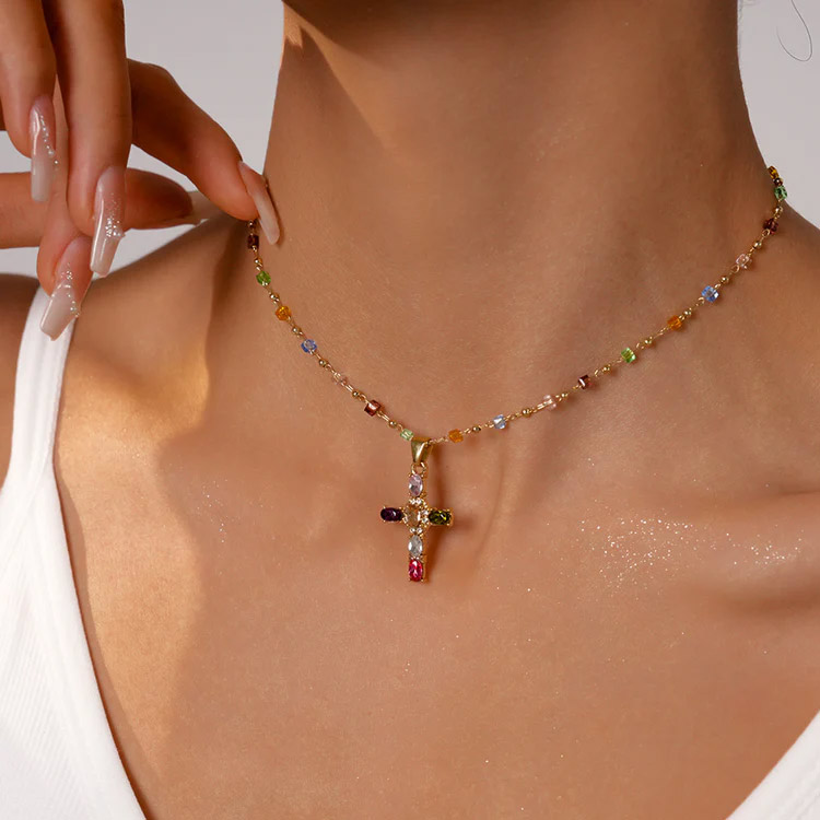 Valentines Promo - Buy One Get One Colorful zircon cross necklace - Comes with a Free Jewelry Box